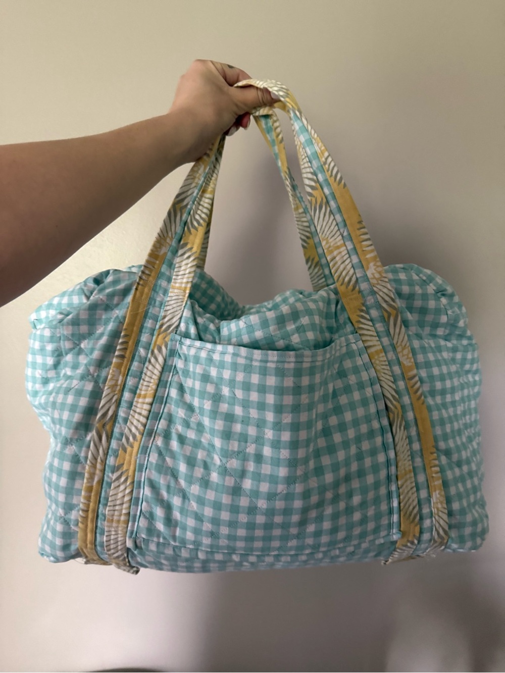 Handmade Quilted Aqua Gingham Tote Bag with Yellow-Trim Handles